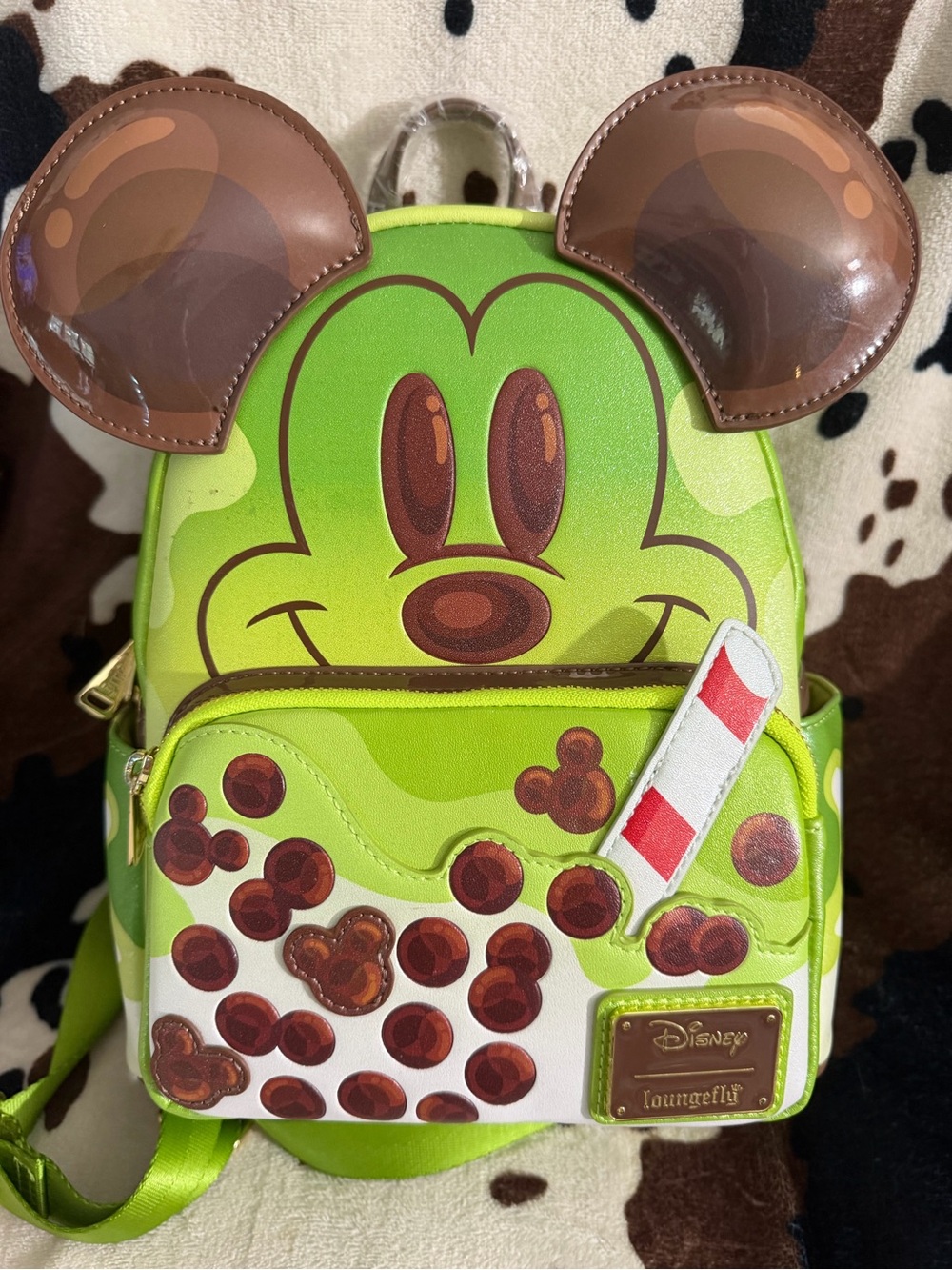 Loungefly Green Mickey Bubble Tea Kids Mini Backpack with Brown Ears